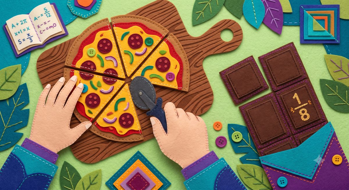 Filcowa ilustracja: pizza i tabliczka czekolady podzielone na równe części, obok ułamek 1/8