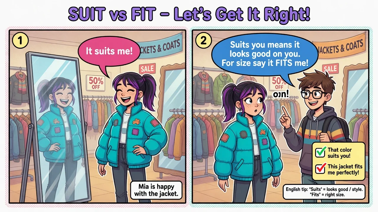 **fit** = pasować rozmiarem; **suit** = pasować do twarzy/stylu (*It suits you!*).