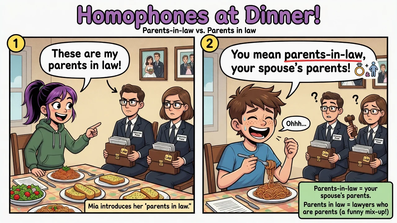 **parents-in-law** (teściowie) ≠ *parents who are lawyers* (rodzice-prawnicy).