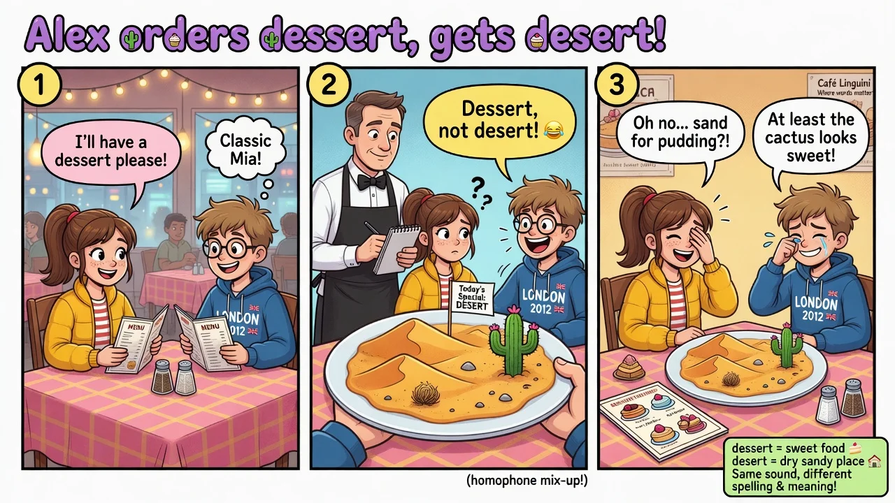 Dwupanelowy komiks Alex i Mia w restauracji. Mia zamawia dessert, kelner przynosi pustynię — gra słów dessert/desert.