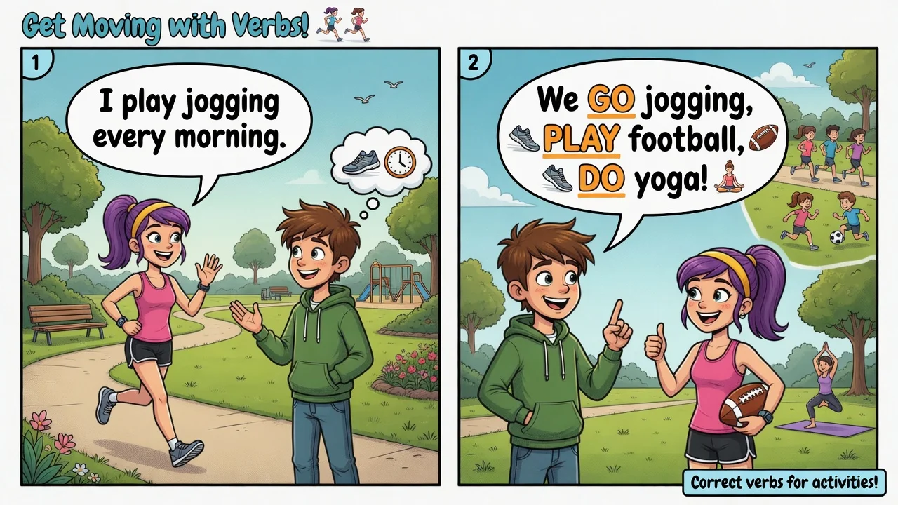 **play** + sport z piłką, **go** + -ing (*go jogging*), **do** + yoga/karate.