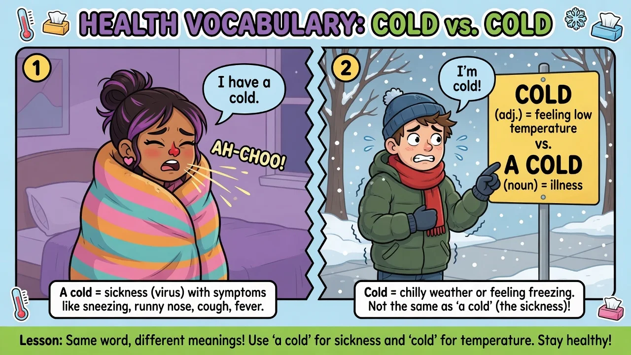 Komiks Alex i Mia: różnica między I have a cold a I'm cold.