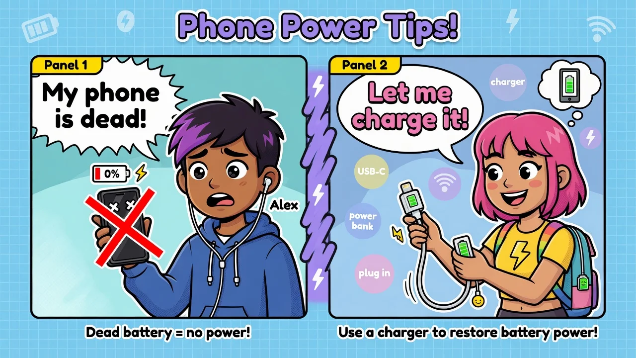 Komiks Alex i Mia: wyrażenie my phone is dead oznacza rozładowany telefon.
