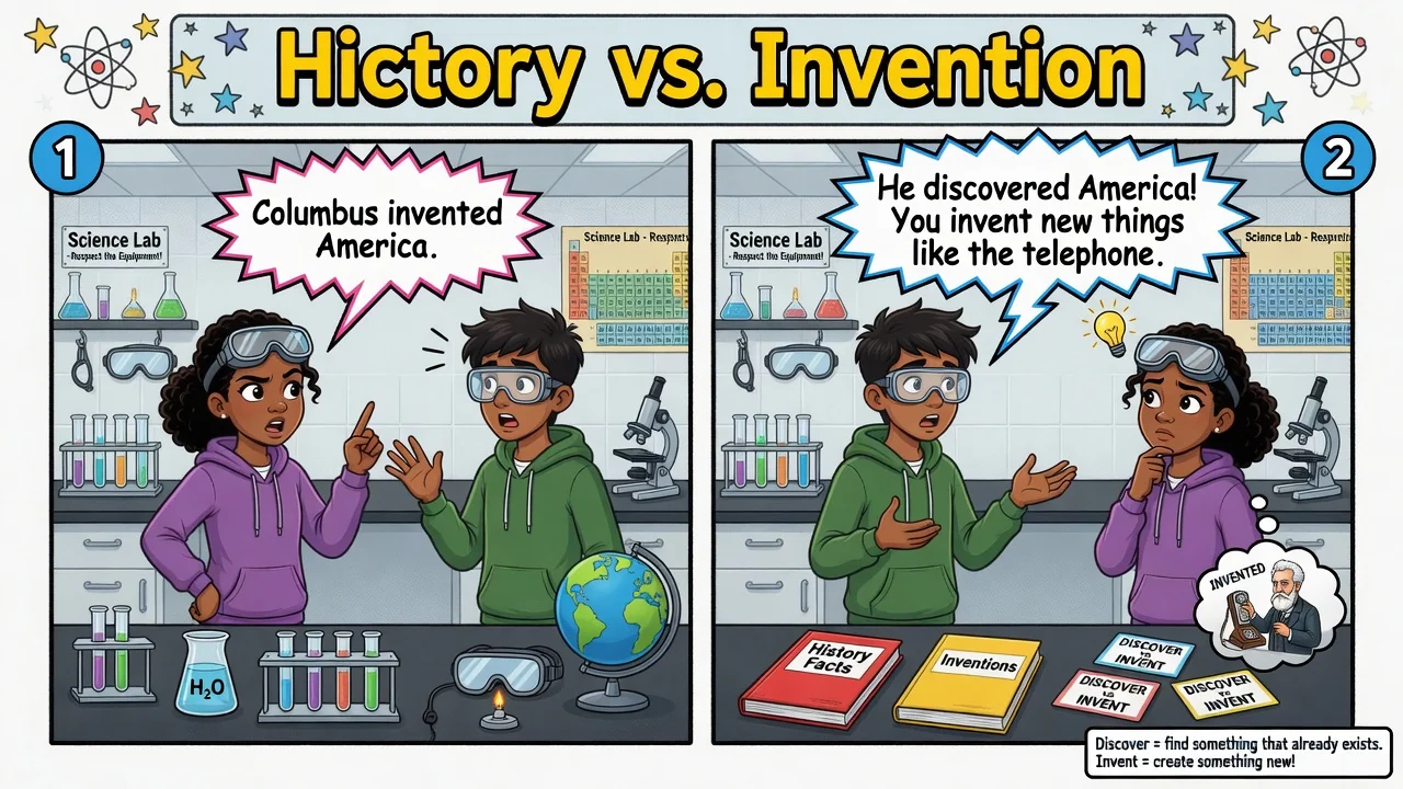 **discover** (odkryć coś, co już istnieje) ≠ **invent** (wynaleźć coś nowego).