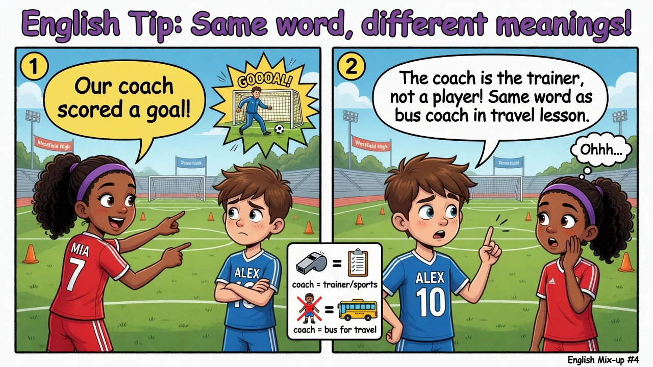 W sporcie **coach** = trener (to samo słowo co autokar w lekcji Travel).