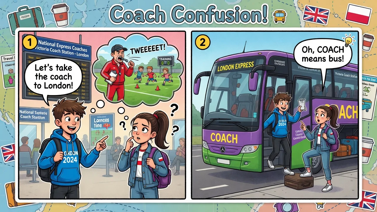 Komiks Alex i Mia: coach oznacza autokar, nie trenera sportowego.
