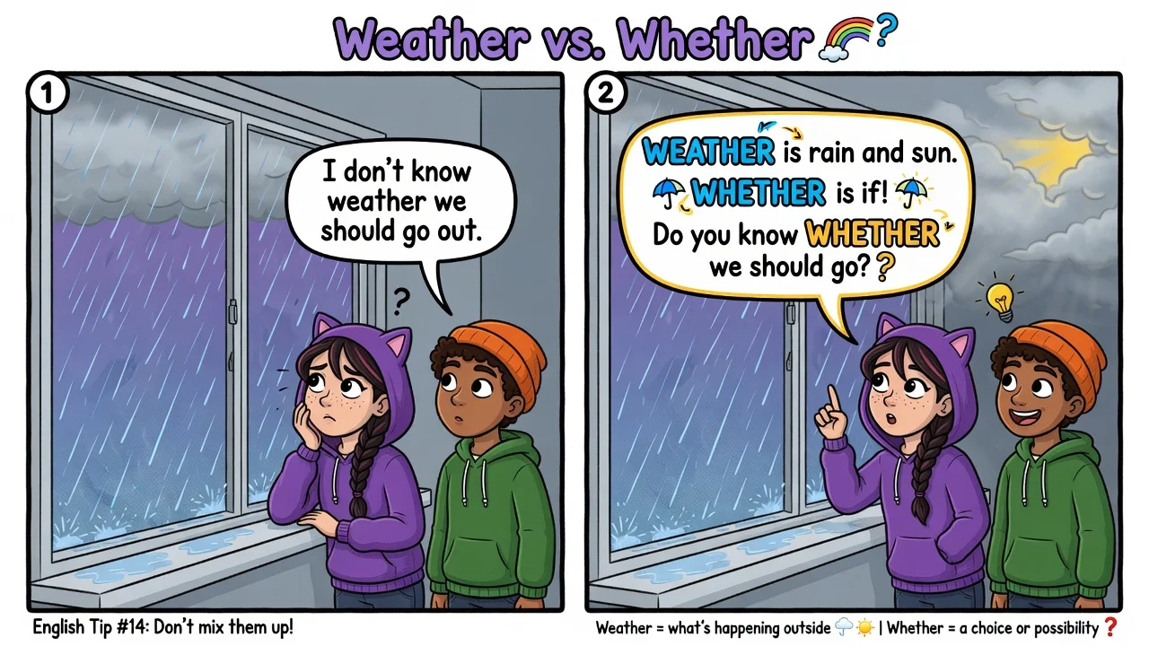 **weather** (pogoda) ≠ **whether** (czy) — brzmią podobnie!