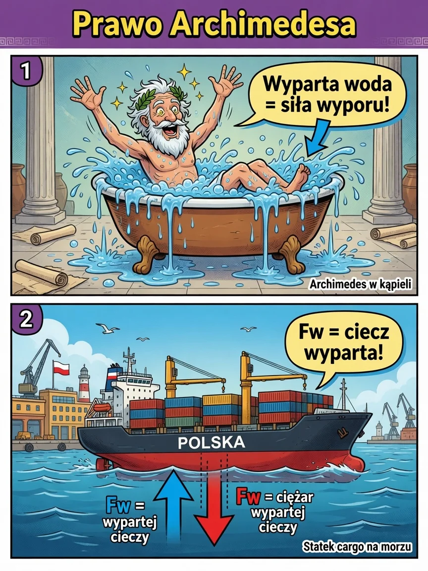 Komiks: Archimedes w wannie — siła wyporu równa ciężarowi wypartej cieczy; statek pływa dzięki wyporowi.