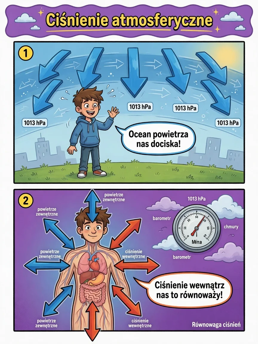 Komiks: atmosfera dociska z góry, ale ciśnienie wewnątrz ciała je równoważy.