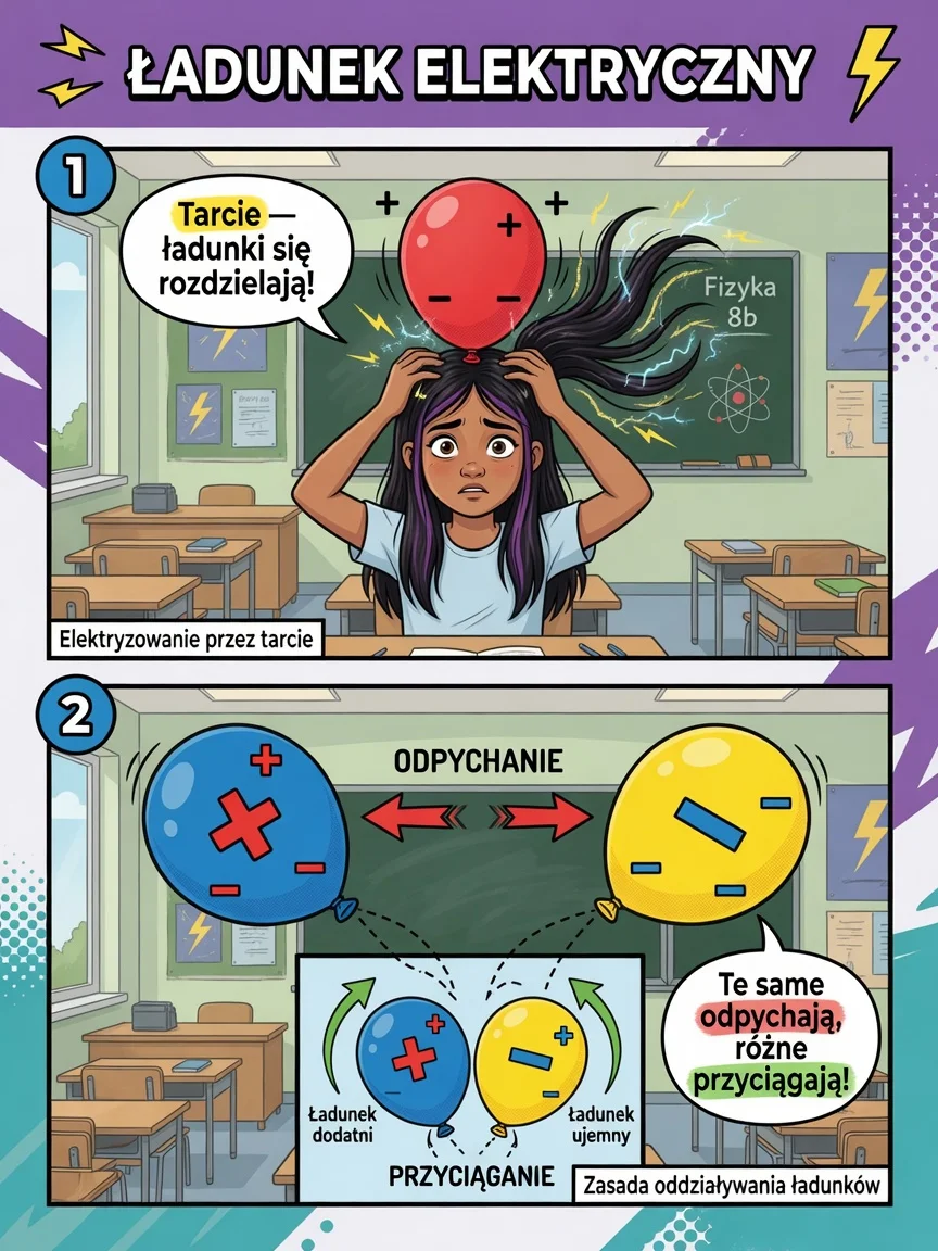 Komiks: tarcie rozdziela ładunki; jednoimienne odpychają, różnoimienne przyciągają.