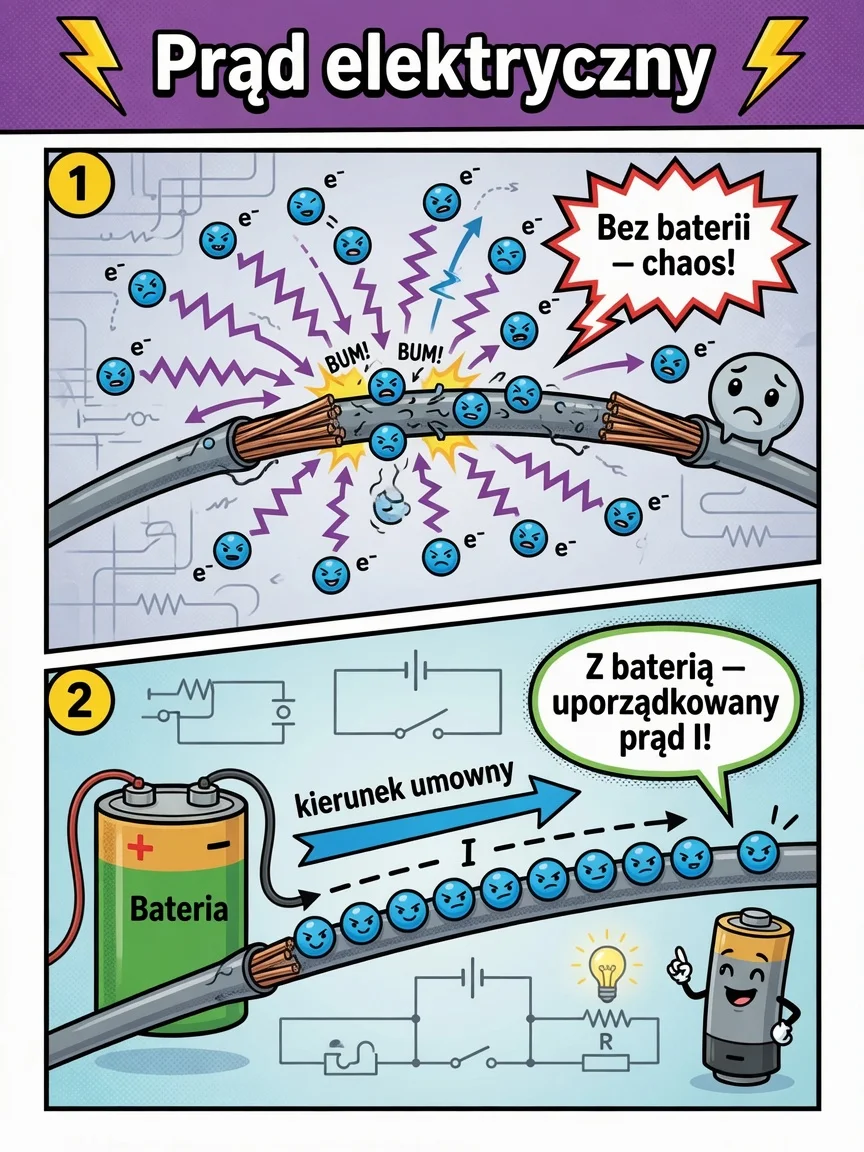 Komiks: bez baterii elektrony chaotyczne; z baterią — prąd I, kierunek umowny od + do −.