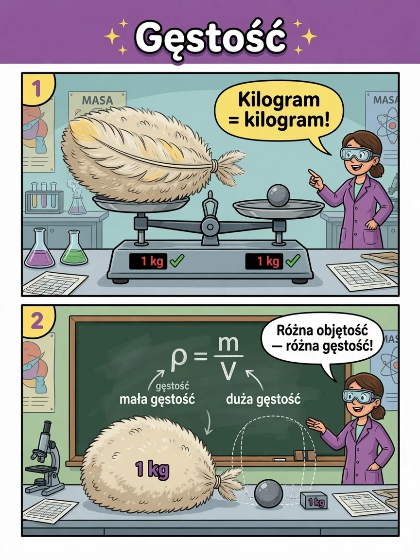 Komiks: 1 kg pierza i 1 kg ołowiu ważą tyle samo, ale mają różną objętość i gęstość ρ = m/V.