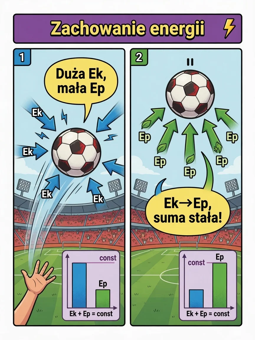 Komiks: w locie piłki energia kinetyczna zamienia się w potencjalną i z powrotem — suma stała.