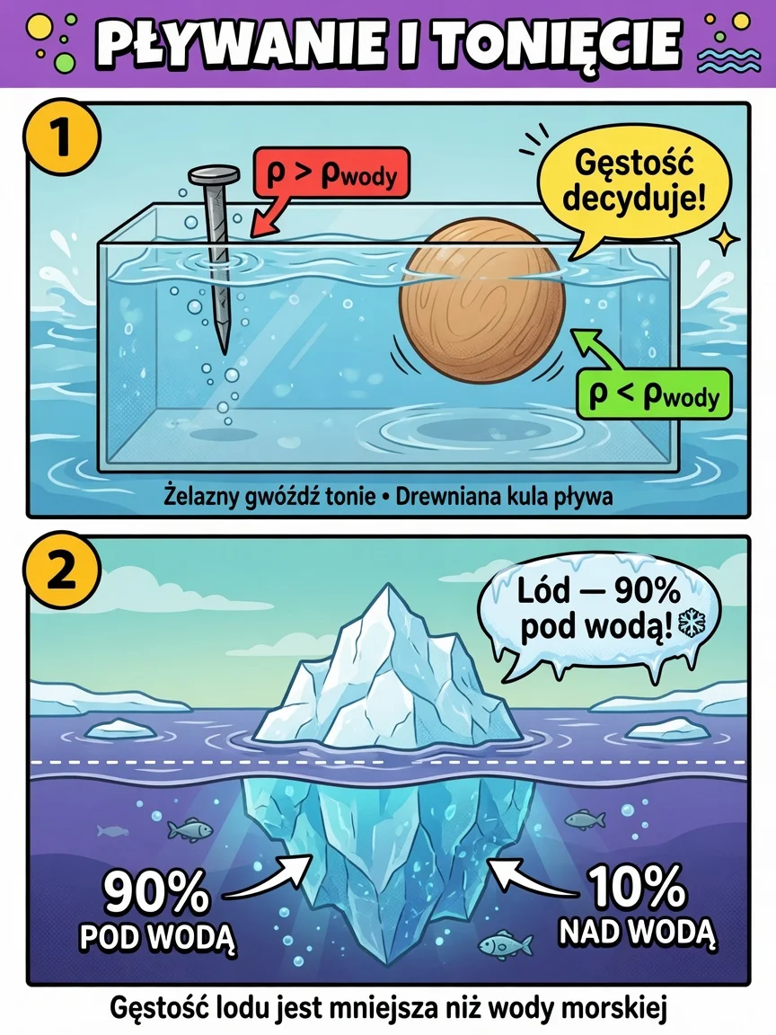 Komiks: gęstość decyduje o tonieniu; lód pływa, ale 90% jest pod wodą.