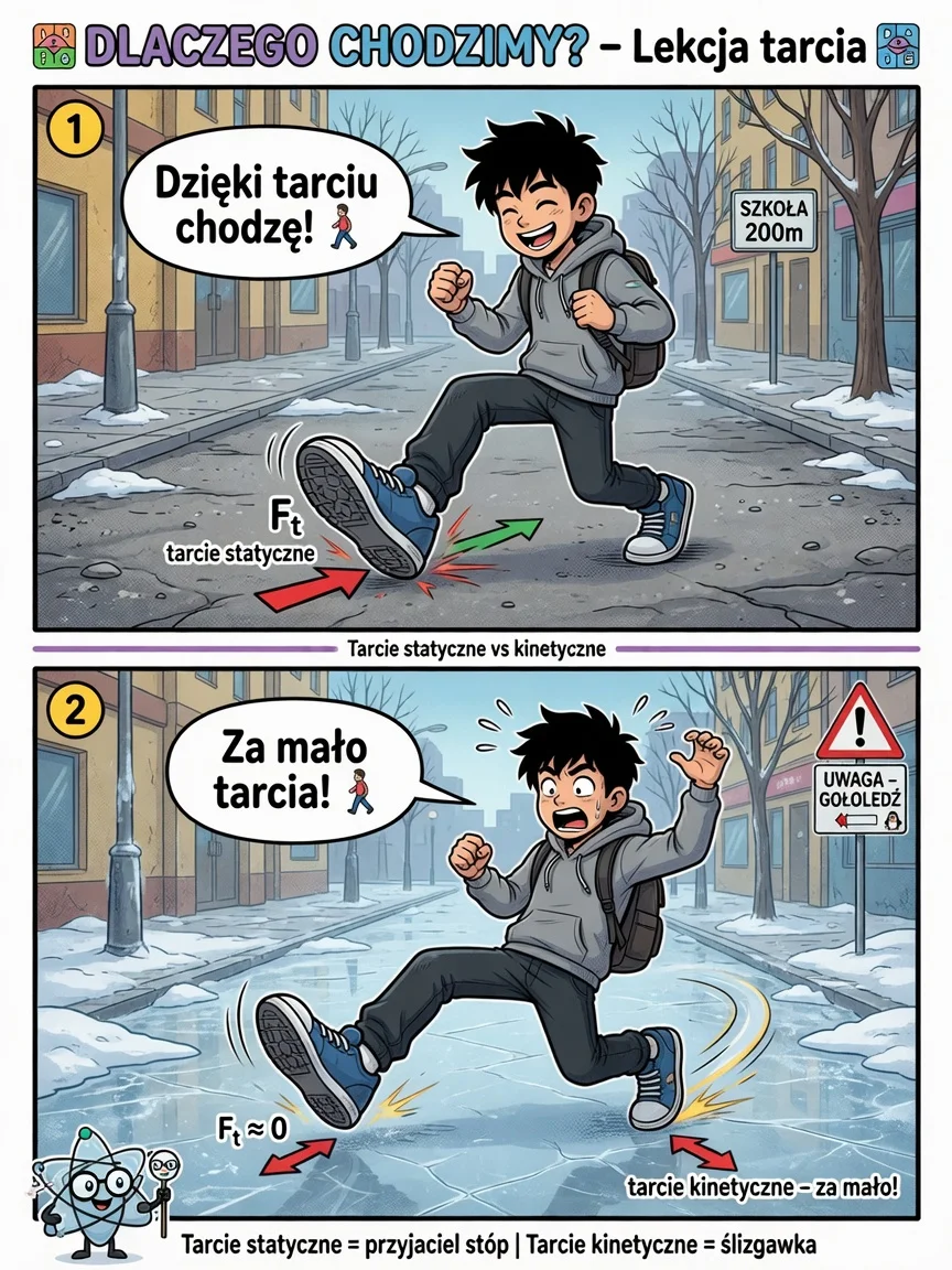Komiks: tarcie statyczne hamuje start ruchu, tarcie kinetyczne działa gdy ciało już się ślizga.