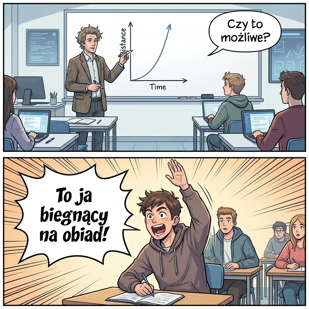 Komiks: wykres drogi skacze wstecz w czasie — fizycznie niemożliwy.