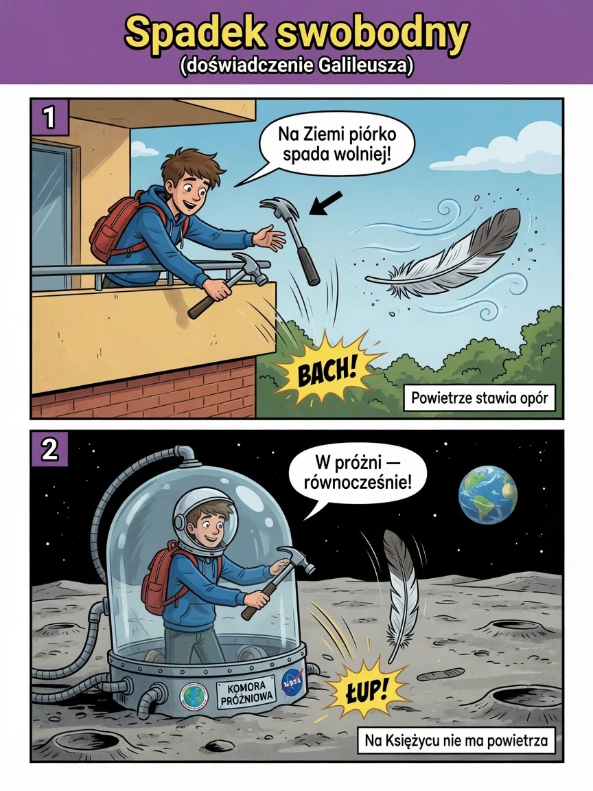 Komiks: na Ziemi piórko spada wolniej przez opór powietrza, w próżni oba ciała spadają równocześnie.