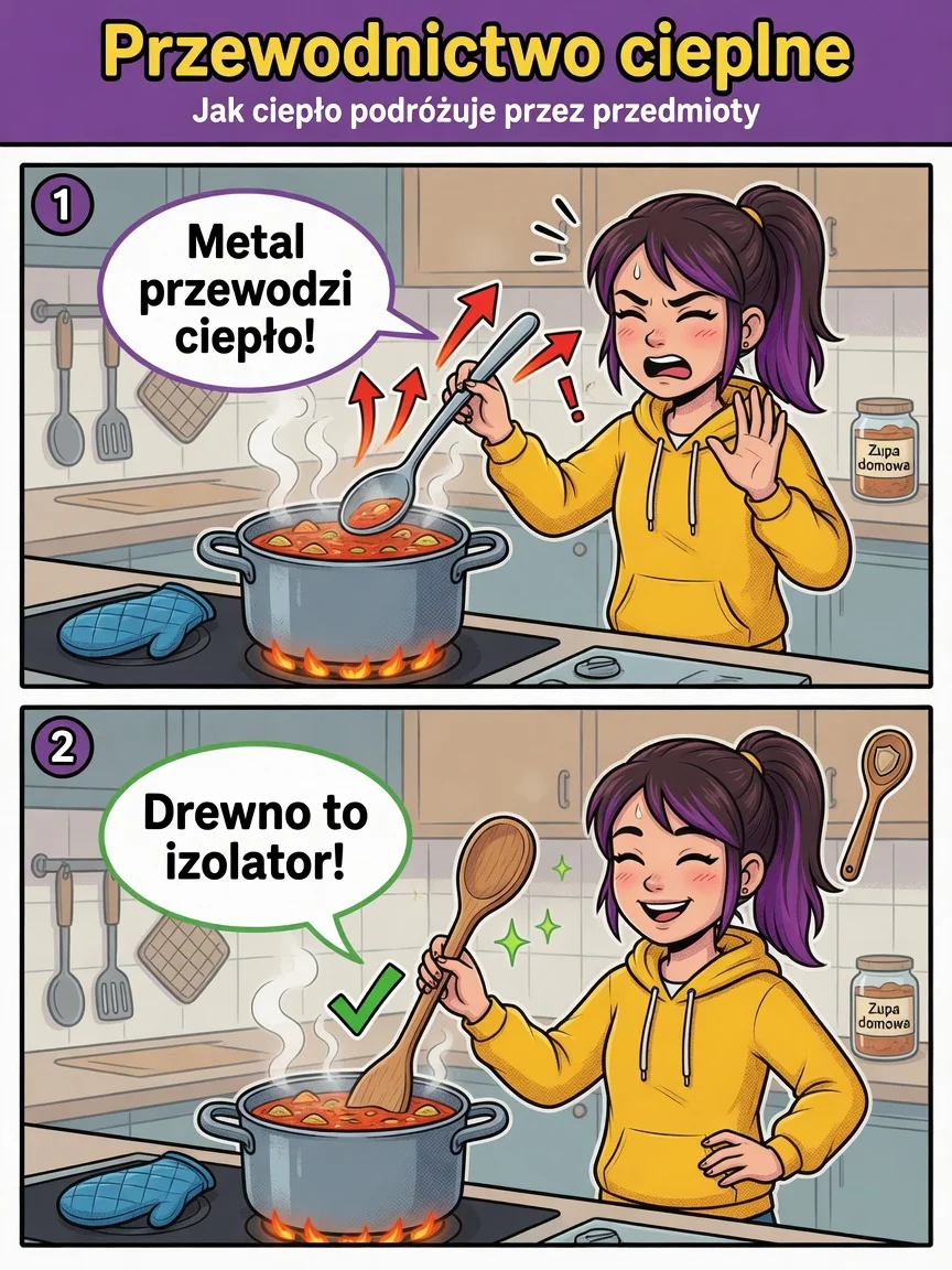 Komiks: metalowa łyżka w gorącej zupie przewodzi ciepło, drewniana — izoluje.