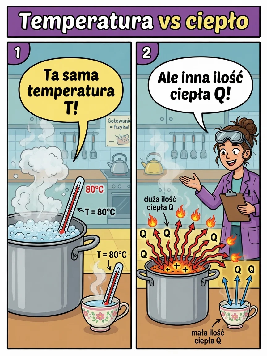 Komiks: ta sama temperatura w garnku i filiżance, ale inna ilość przekazywanej energii cieplnej.