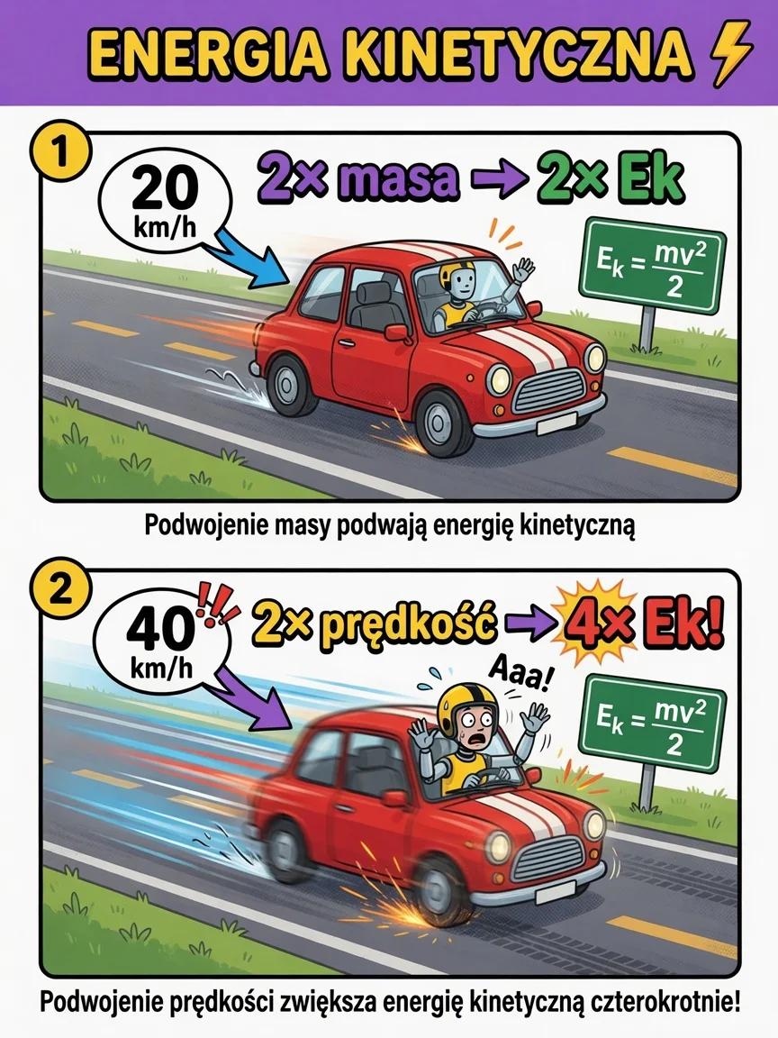 Komiks: podwojenie masy daje 2× energię, podwojenie prędkości — aż 4× energię kinetyczną.