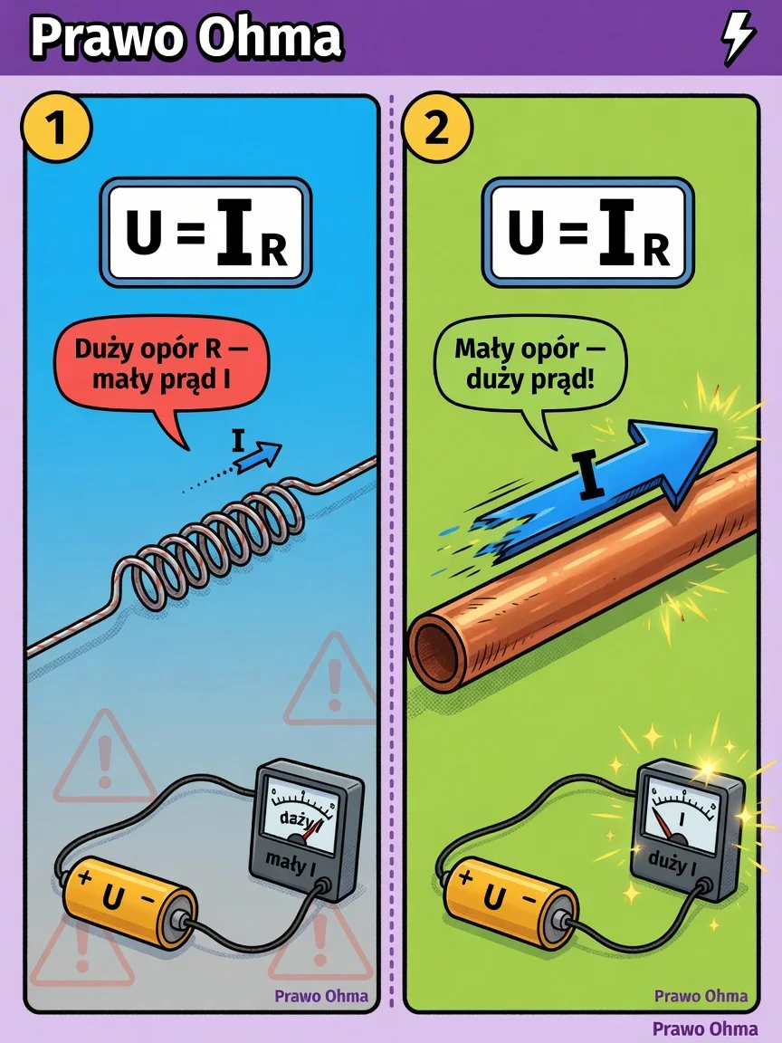 Komiks: duży opór R → mały prąd I przy tym samym napięciu U (U = I·R).