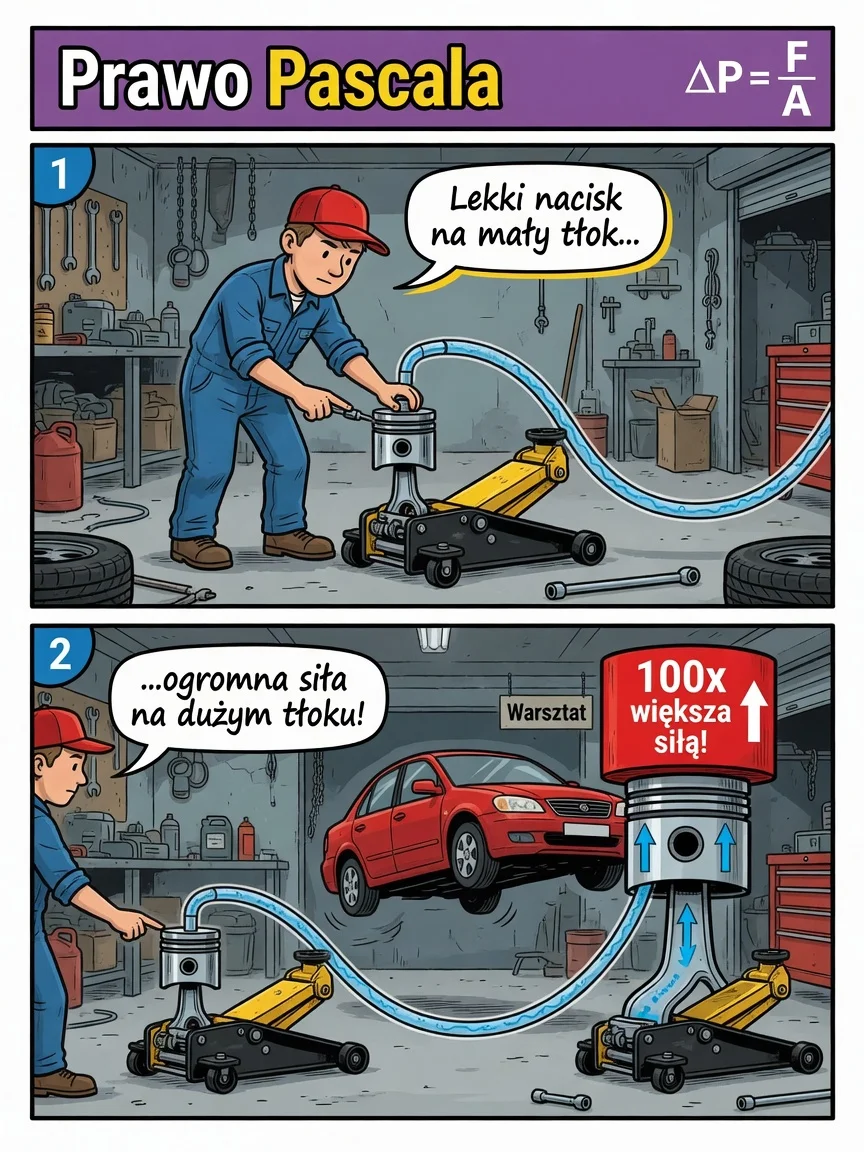 Komiks: lekki nacisk na mały tłok daje ogromną siłę na dużym tłoku — Prawo Pascala.