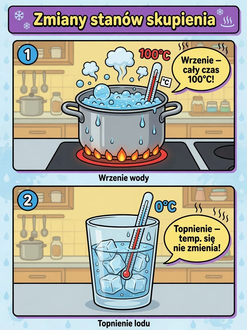 Komiks: podczas wrzenia woda wciąż ma 100°C — energia idzie na przemianę stanu, nie na ΔT.