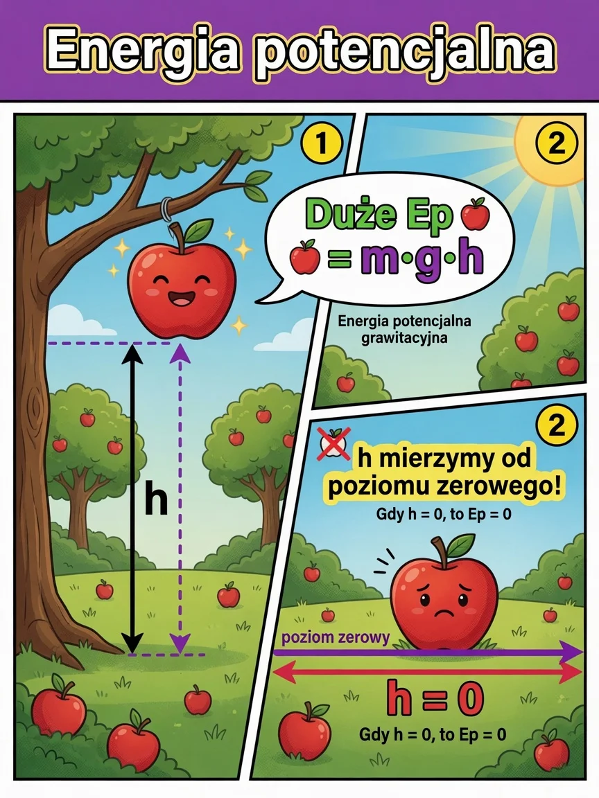 Komiks: energia potencjalna Ep = m·g·h zależy od wysokości względem wybranego poziomu zerowego.