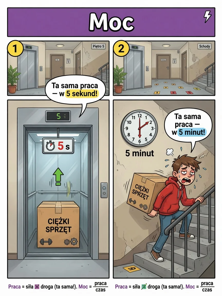Komiks: ta sama praca, ale winda robi ją szybciej — większa moc P = W/t.
