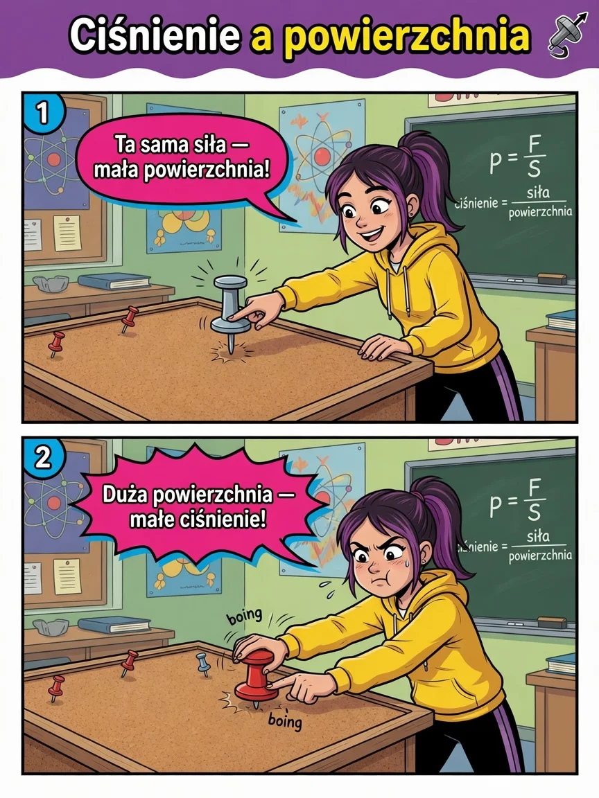 Komiks: ta sama siła — mała powierzchnia szpilki daje duże ciśnienie, duża powierzchnia — małe.