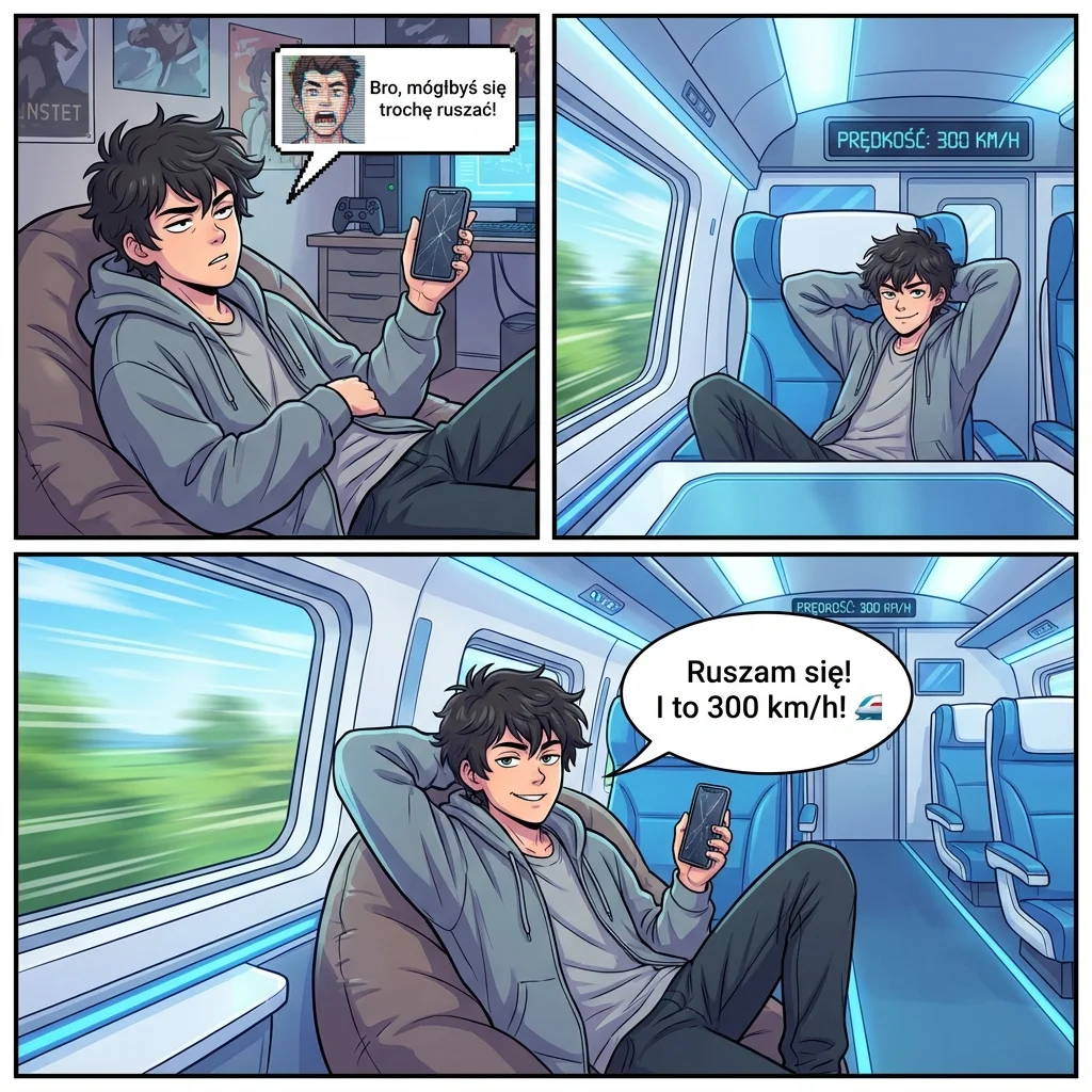 Komiks o względności ruchu: pasażer w pociągu 300 km/h — względem wagonu spoczynek, względem peronu ruch.