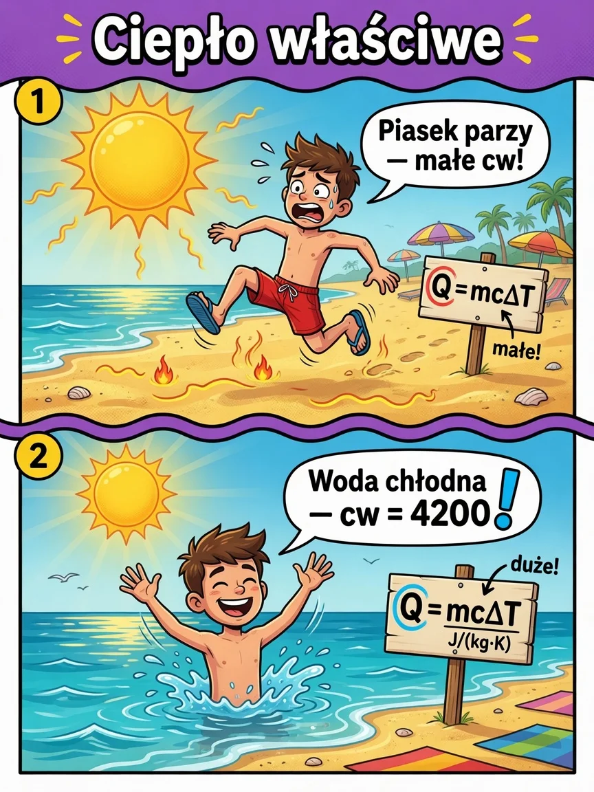 Komiks: piasek szybko się nagrzewa (małe cw), woda wolno (cw ≈ 4200 J/kg·K).