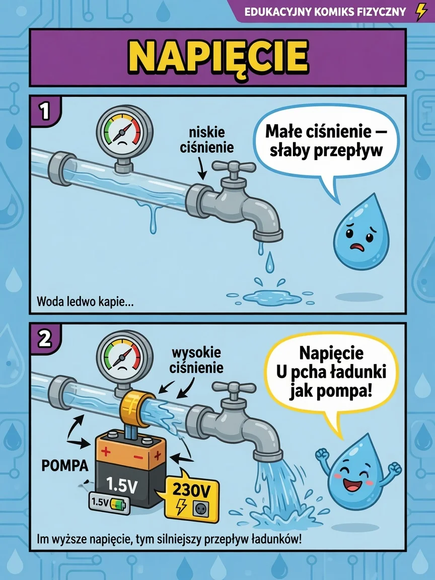 Komiks: napięcie U działa jak pompa — im większe U, tym mocniej pcha ładunki (1,5 V vs 230 V).