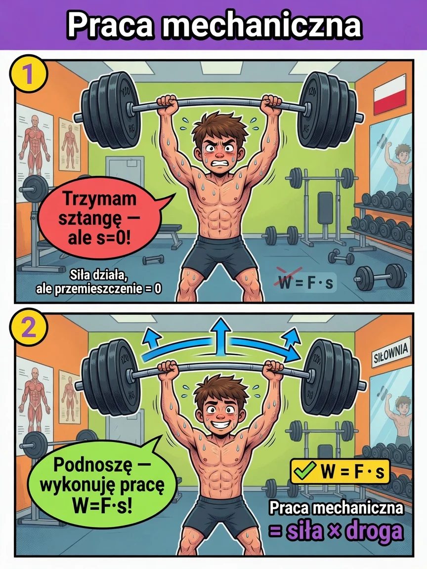 Komiks: trzymanie sztangi bez ruchu to praca zero; podnoszenie — wykonana praca W = F·s.