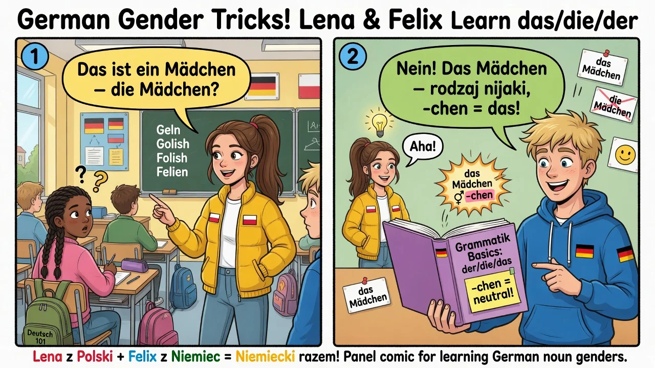 **das Mädchen** (dziewczynka) ma rodzaj **nijaki** — nie żeński! To samo z **das Kind**, **das Auto**.