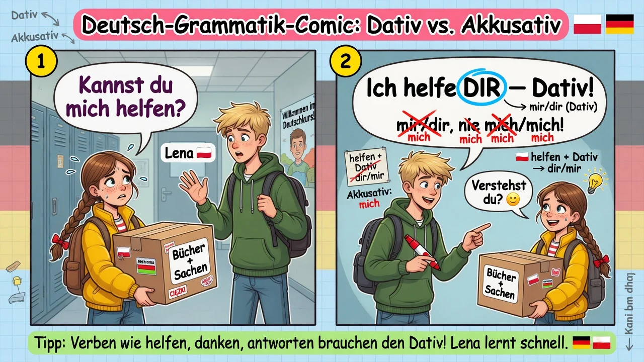 Po *helfen*, *danken*, *gefallen* używamy **Dativ**: *Ich helfe **mir***, nie *mich*.