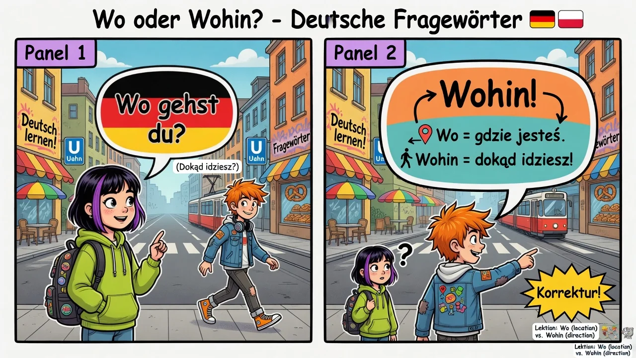 **Wo** (gdzie) ≠ **Wohin** (dokąd) — *Wo bist du?* vs *Wohin gehst du?*