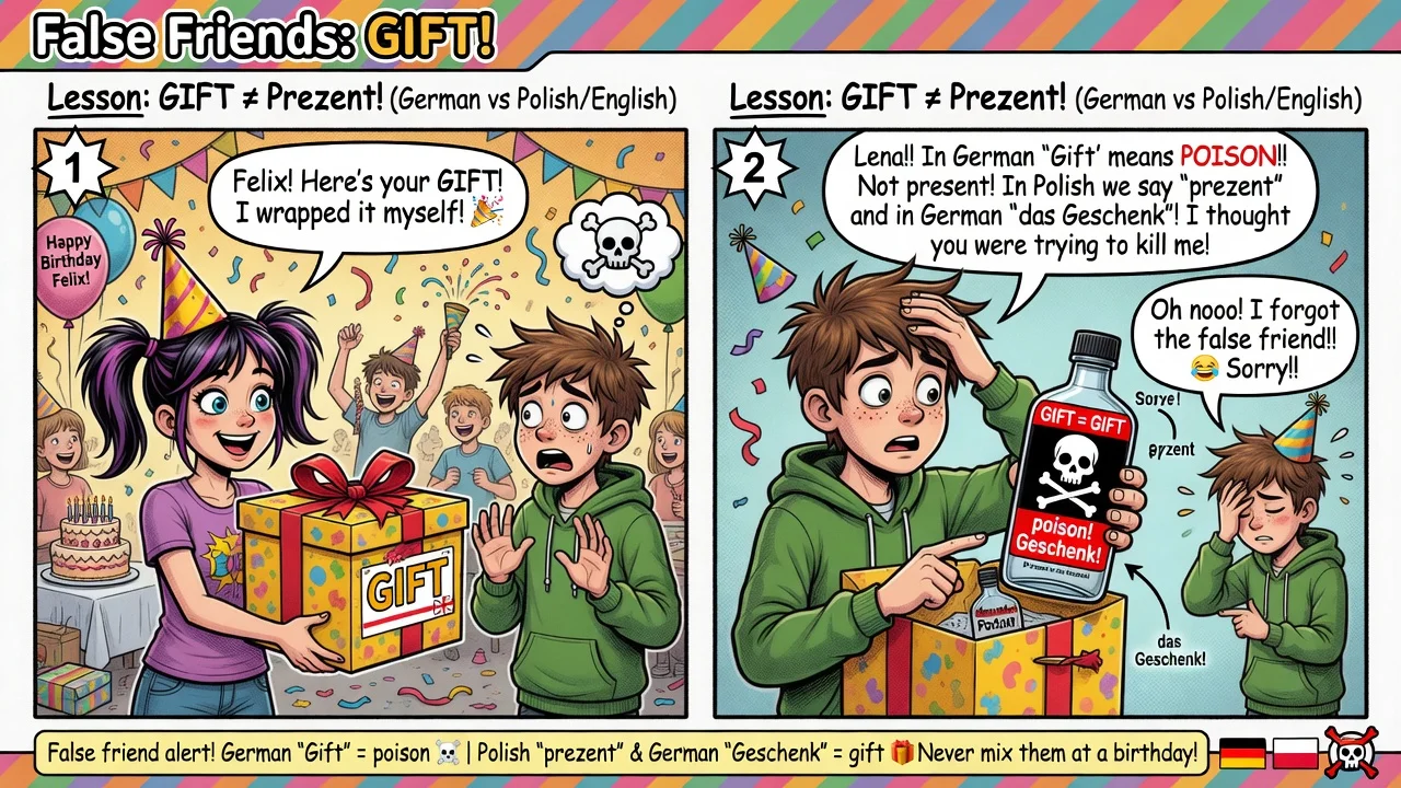 **Gift** = trucizna, **poison** — nie „prezent”! Prezent to **das Geschenk**.