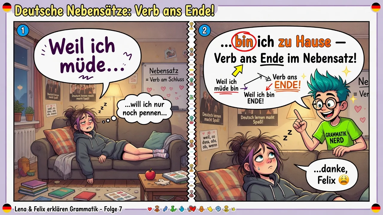 W zdaniu podrzędnym czasownik idzie **na koniec**: *..., weil ich müde **bin**.*