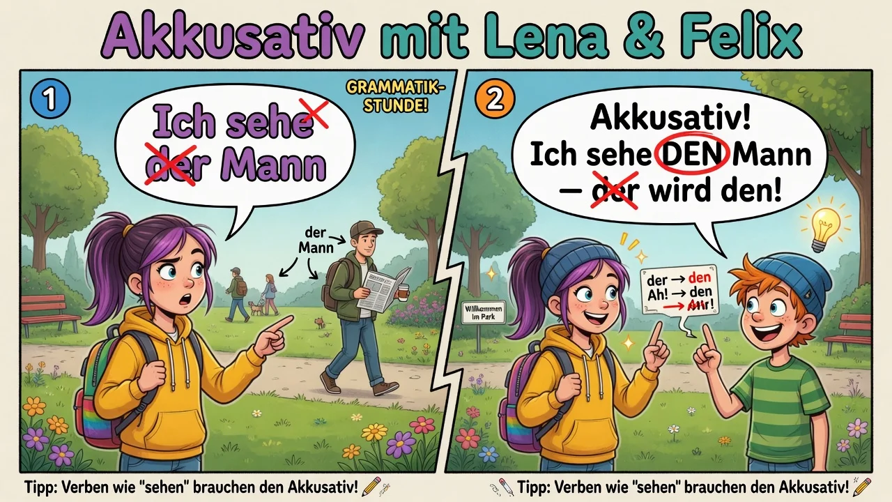 Po *sehen*, *haben*, *kaufen* dopełnienie stoi w **Akkusativ**: *Ich sehe **den** Mann*, nie *der Mann*.