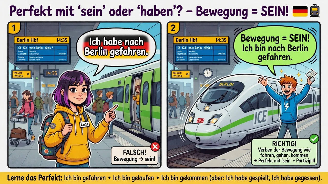 Czasowniki ruchu (*fahren*, *gehen*, *fliegen*) w Perfekt z **sein**: *Ich **bin** gefahren.*