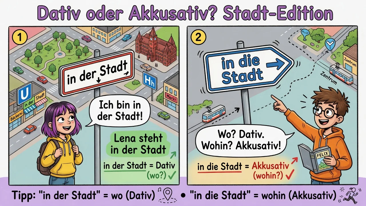 **in der Stadt** (Dativ, gdzie?) ≠ **in die Stadt** (Akkusativ, dokąd?) — ten sam przyimek, inny przypadek!