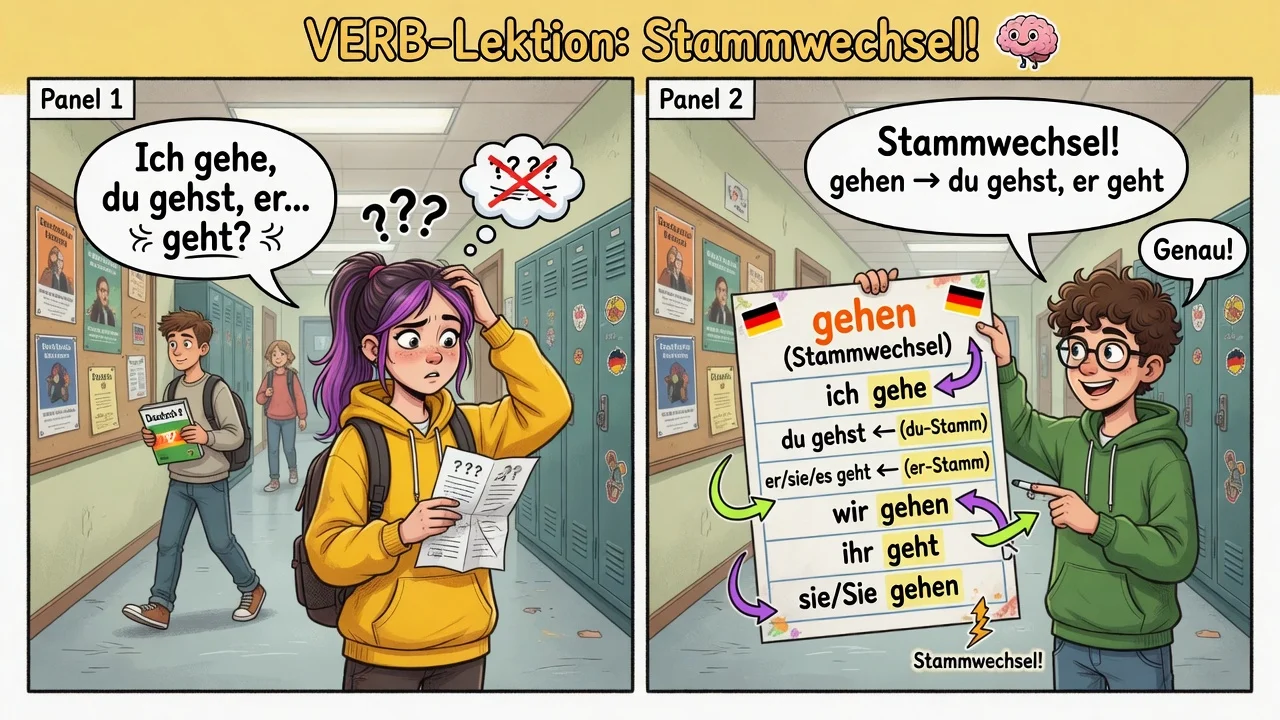Czasowniki zmienną tematyczną: **ich gehe**, **du gehst**, **er geht** — rdzeń się zmienia!