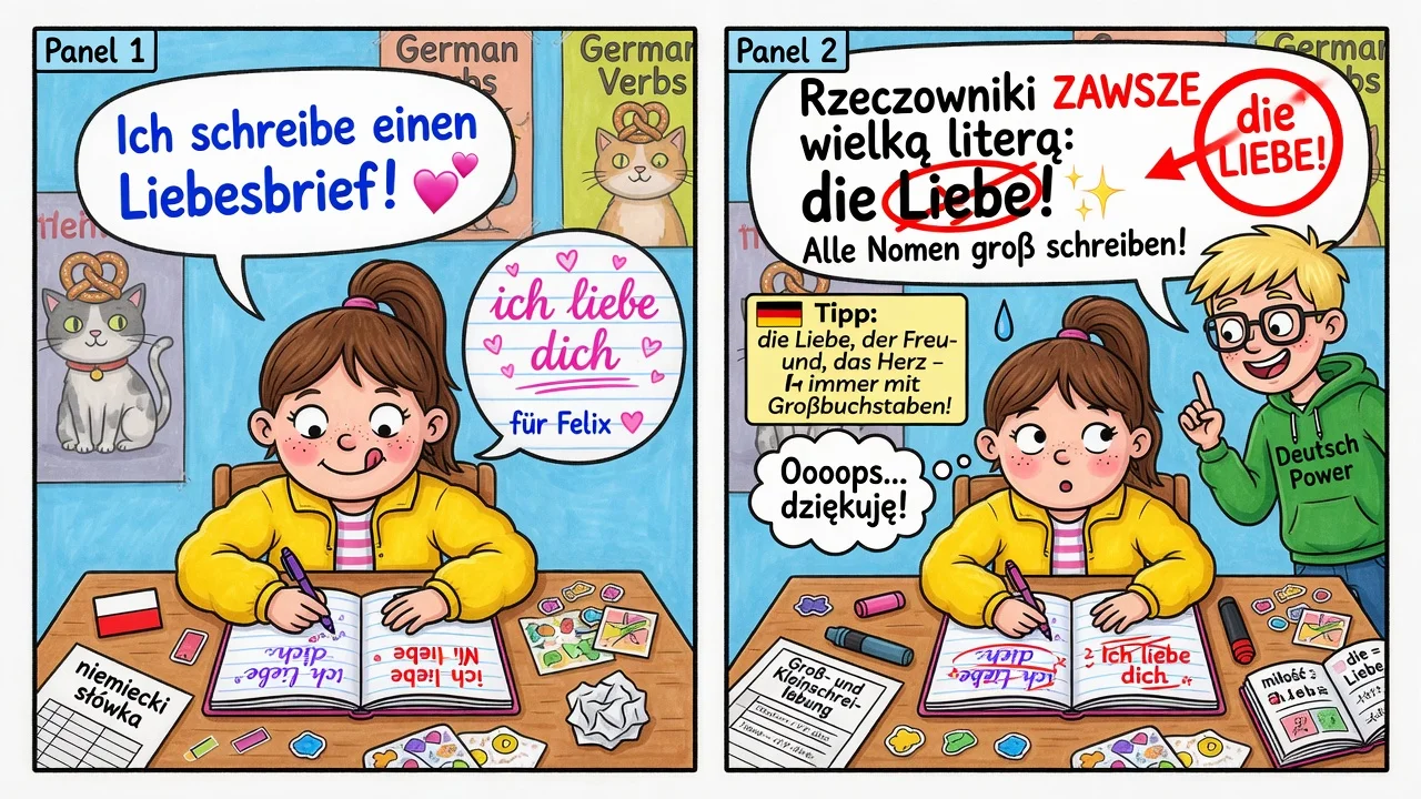 W niemieckim **wszystkie rzeczowniki** piszemy wielką literą: *die Liebe*, nie *die liebe*.
