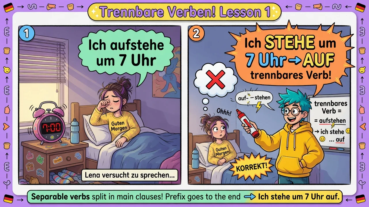 Czasownia rozdzielna: *Ich **stehe** um 7 Uhr **auf**.* — przedrostek ląduje na końcu zdania.