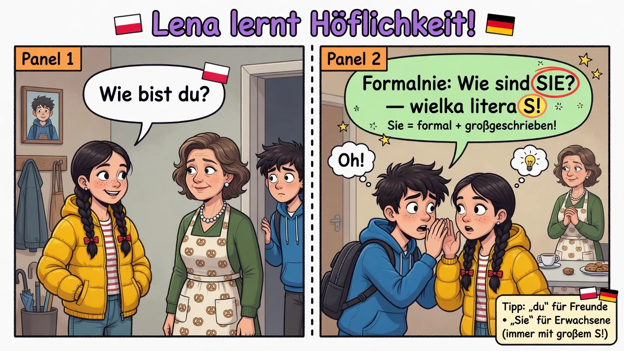 **du bist** (ty jesteś) ≠ **Sie sind** (Pan/Pani jest) — wielka litera **S** w zwróceniu formalnym!