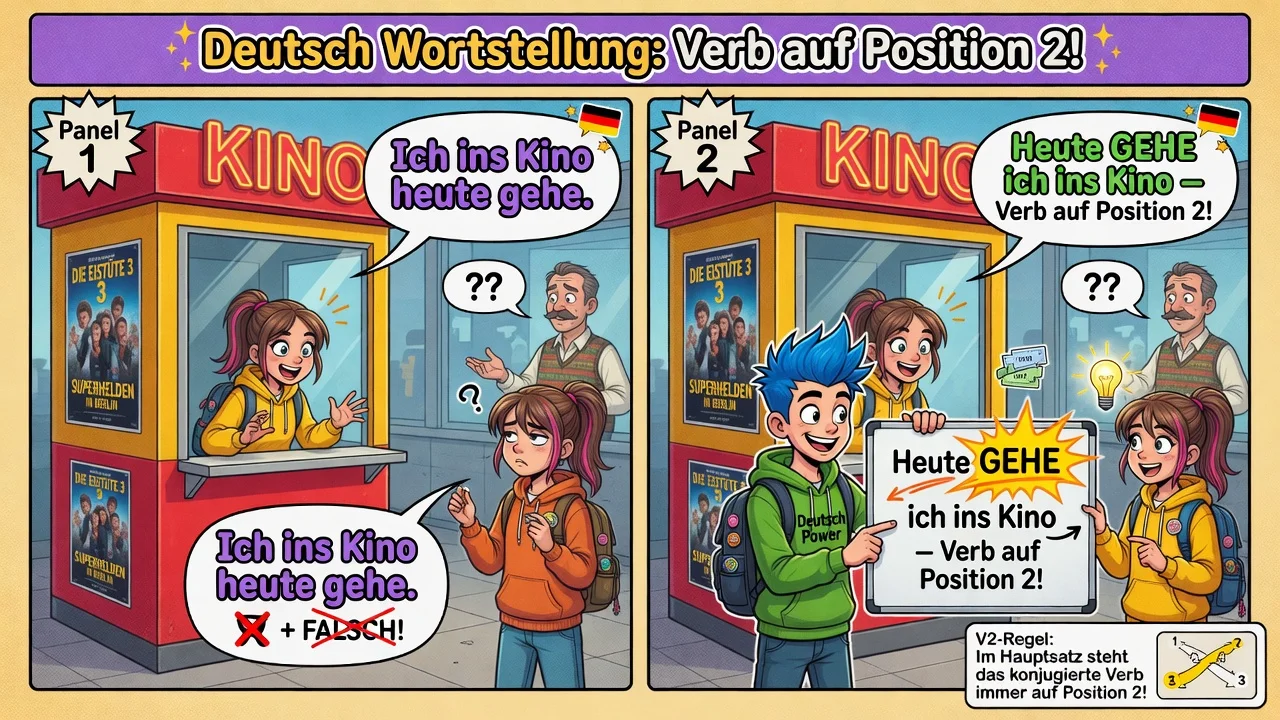 W zdaniu oznajmującym **czasownik zawsze na pozycji 2**: *Heute **gehe** ich ins Kino.*
