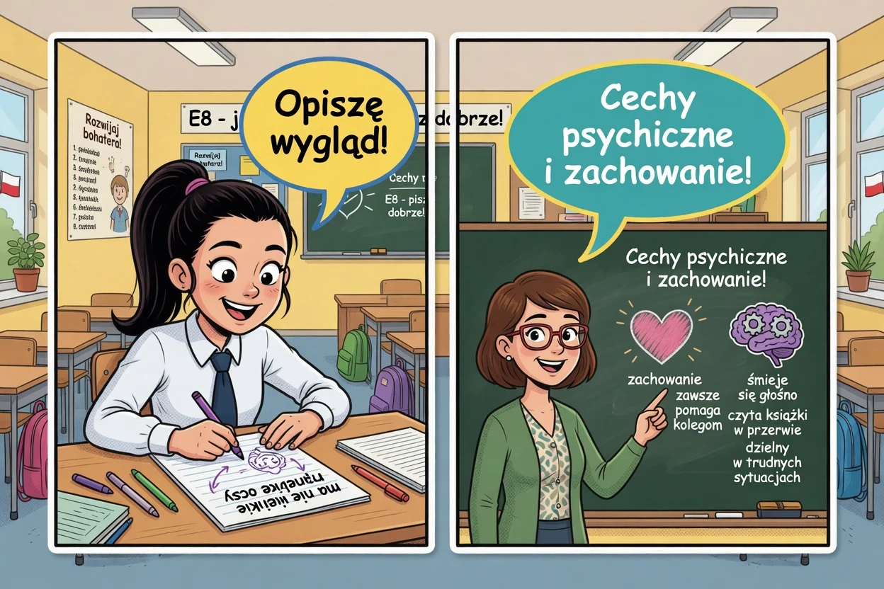 Komiks: charakterystyka to nie lista ubrań — ważniejsze są cechy psychiczne i zachowanie bohatera.