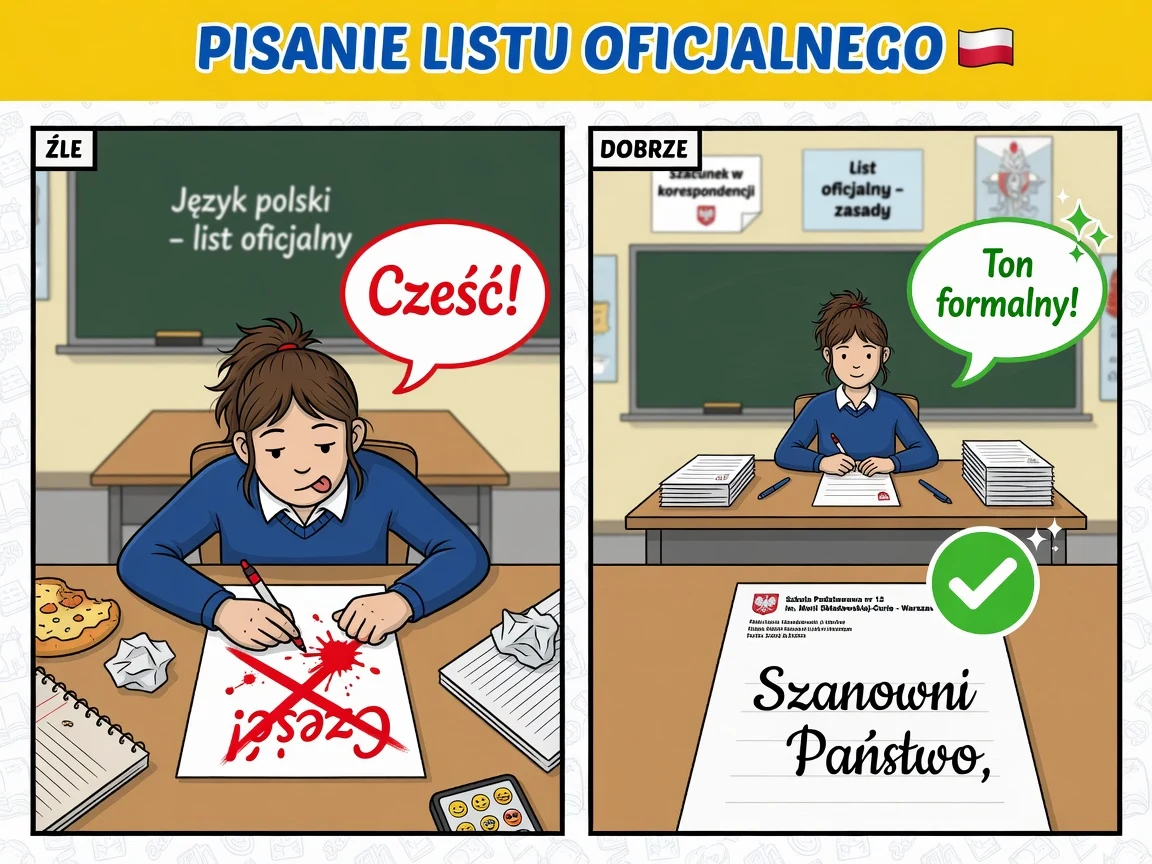 Komiks: list oficjalny zaczyna się od zwrotu grzecznościowego, nie od „Cześć!”.