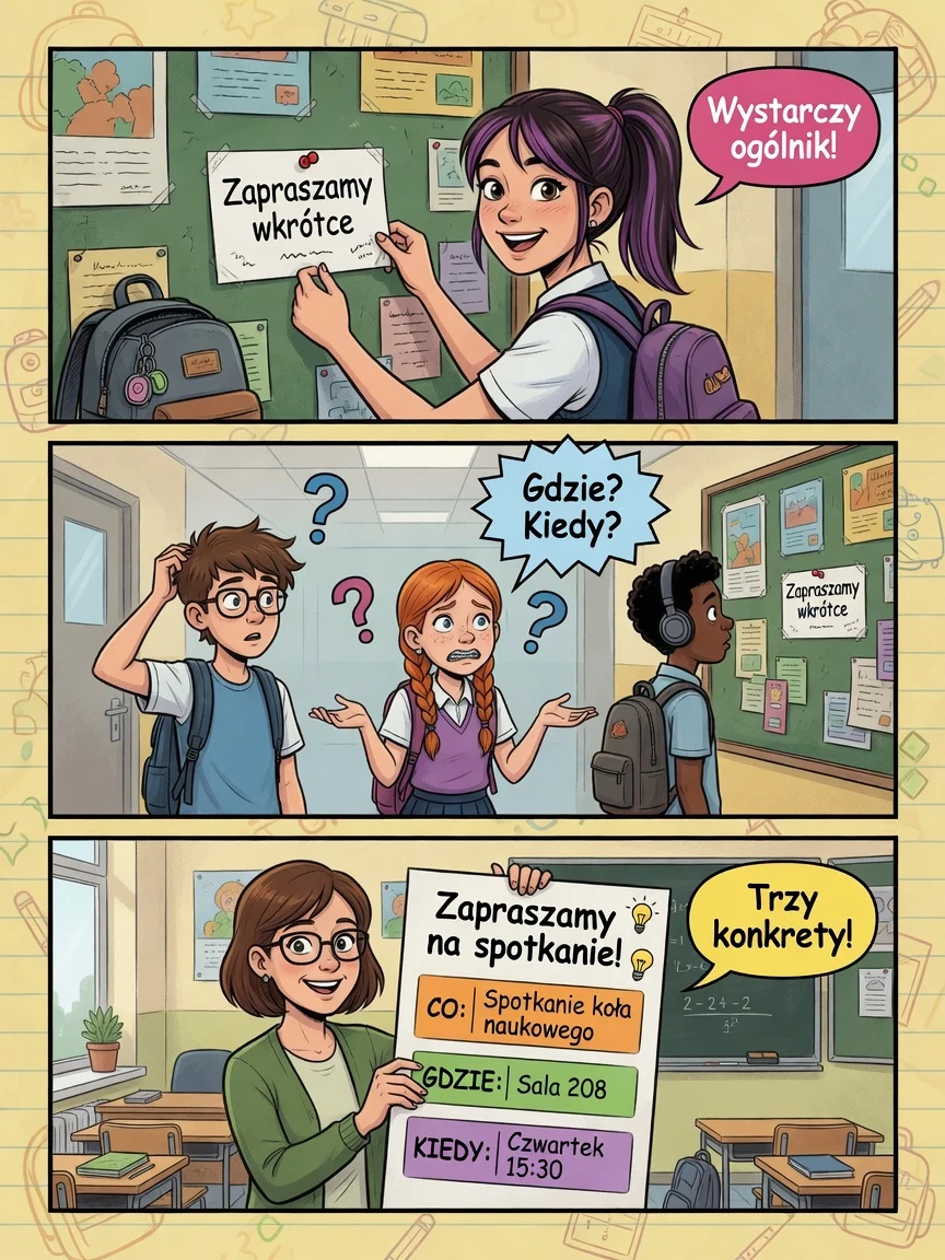 Komiks: dobre ogłoszenie odpowiada na pytania CO, GDZIE i KIEDY.